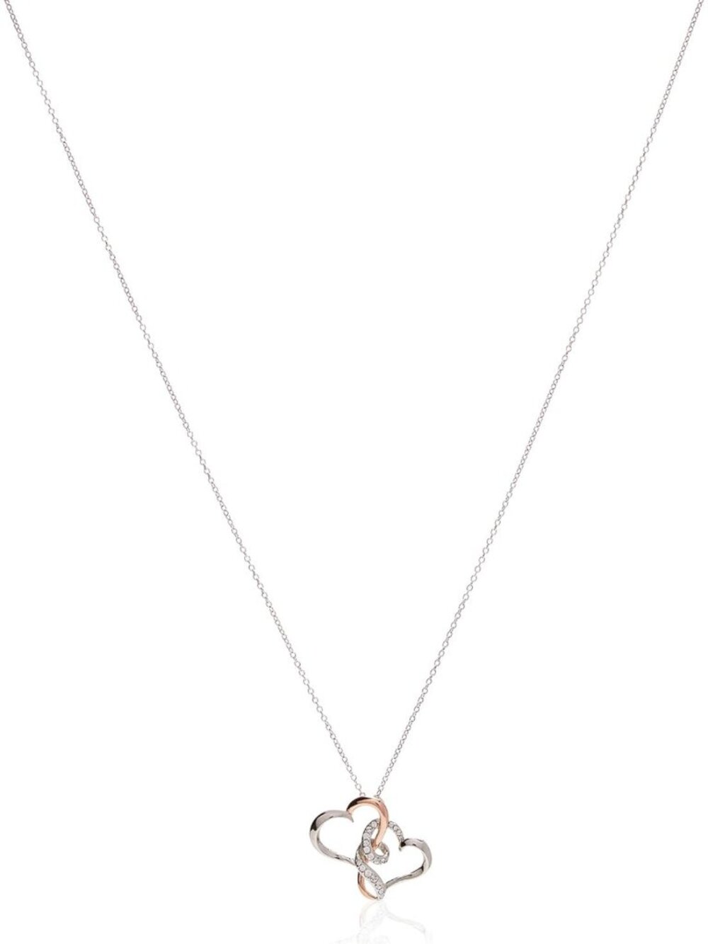 Two Tone Double Heart Pendant Necklace with Crystal Accents - 18” Silver Jewelry